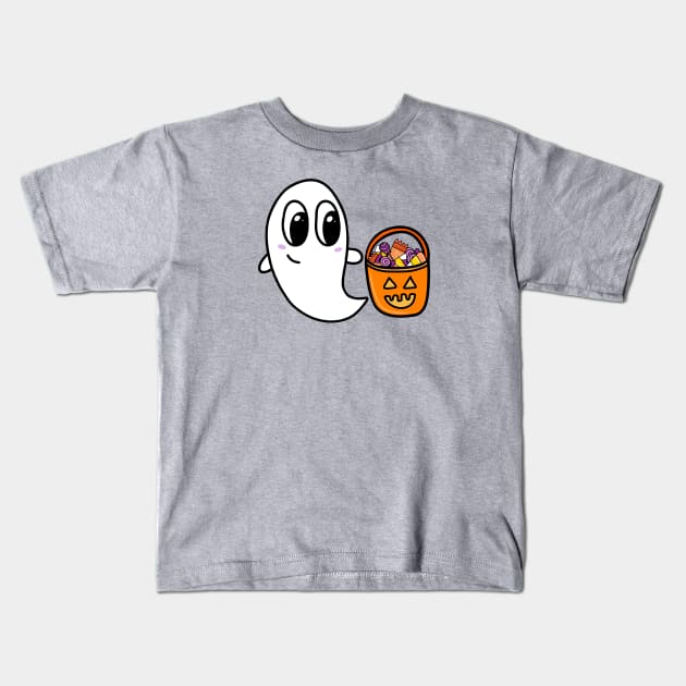 Cute Ghost with Trick or Treat Candy Bucket, made by EndlessEmporium Kids T-Shirt by EndlessEmporium